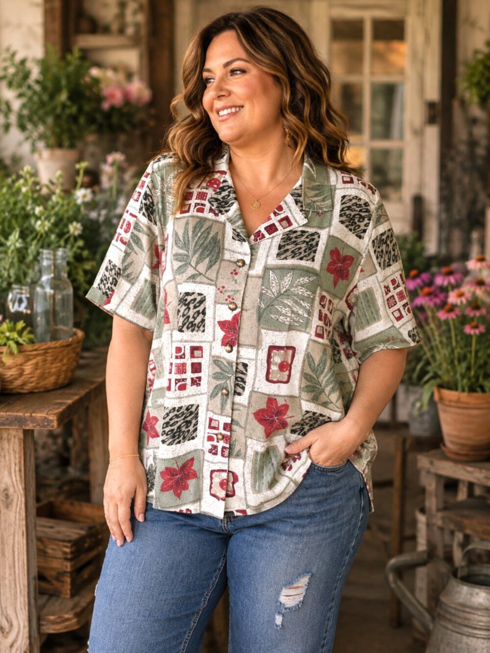 Patchwork Print Button-Down Top 80s Tapestry Brown Red Leaf Print Plus Size 24